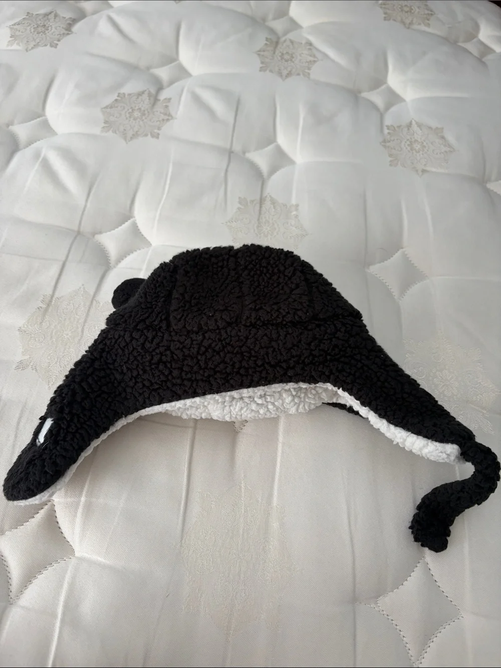 Black and White Sherpa Earflap Hat - Cute Bear Ears